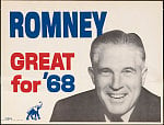 A poster of George Romney smiling in black and white, with "ROMNEY" in blue letters to the upper left. In red is "GREAT for" and "'68" in blue, with a blue elephant at the bottom of the image.