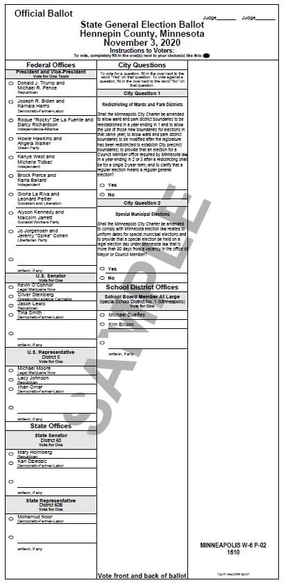 A sample ballot for the November 3, 2020 elections in Hennepin County. A link to your local sample ballot can be found below.