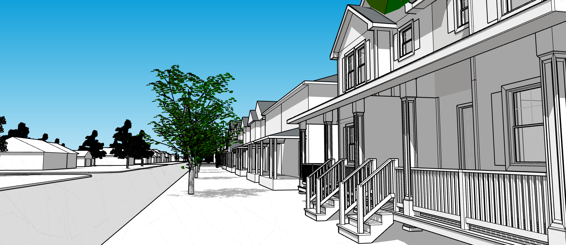 Street-level rendering of the front porch of a twin home in The Heights.
