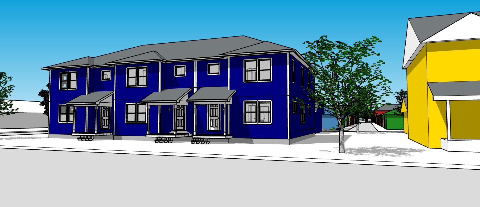 Blue rendering of a potential twin home in The Heights.