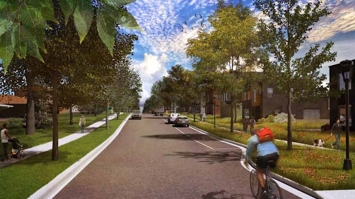 A rendering of a bustling street at The Heights development.