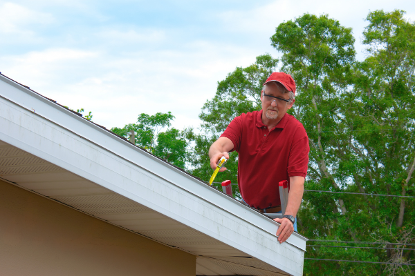 Man with a hammer fixing a roof