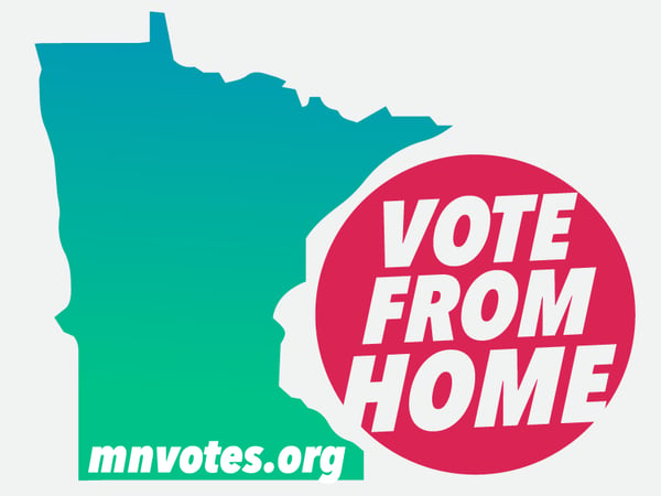 Against a light gray background, a bright pink circle with white text saying "Vote from Home" to the right, and to the left, the state of Minnesota framing the circle, with "MNVotes.org" at the bottom in white text. Minnesota is filled with a blue to light green gradient color.