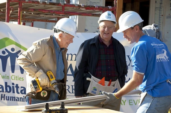 Walter Mondale helps build with Jimmy Carter and R.T. Rybak during the Carter Build in Minneapolis in 2010