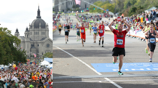 The capitol and celebrating runners.