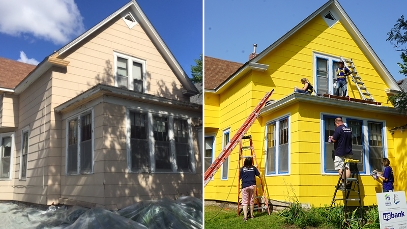 Before and after images of a house that was painted beige to bright yellow