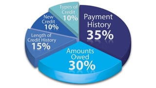 A blue pie chart showing Payment History (35%), Amounts Owed (30%), Length of Credit History (15%), New Credit (10%), and Types of Credit (10%).