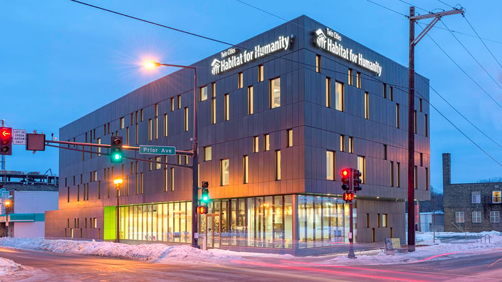 Twin Cities Habitat for Humanity office building at night