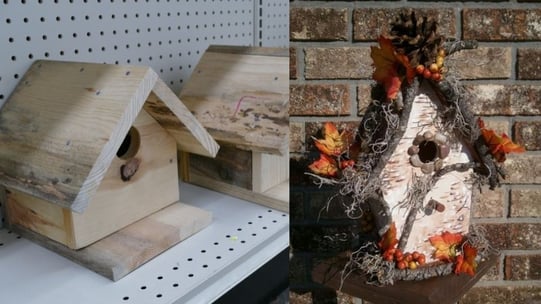A before and after image of a birdhouse with festive leaves.
