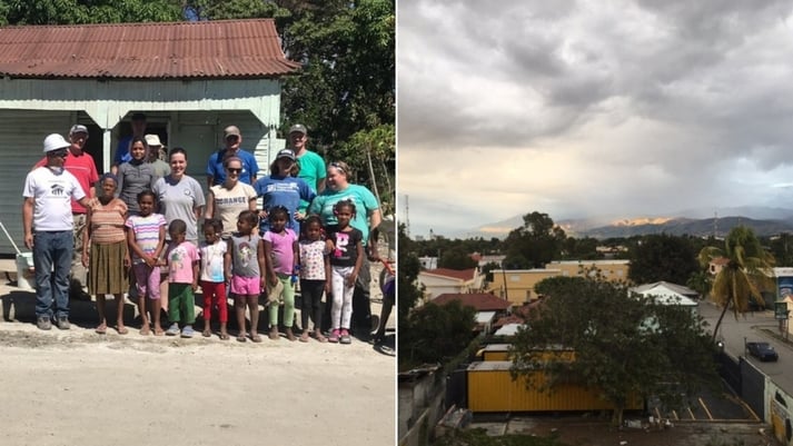 Volunteers and the homeowners, and an image of the city.