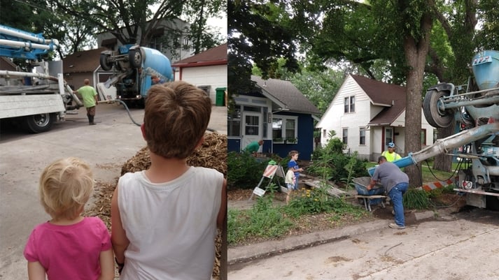 The kids watching a cement truck pouring cement.
