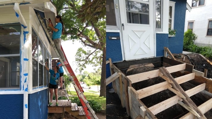 Volunteers painting the exterior, and partially-finished back steps.