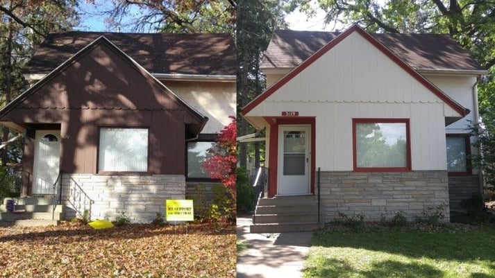 Before and after photo of the exterior, with bright cream paint and red trim.