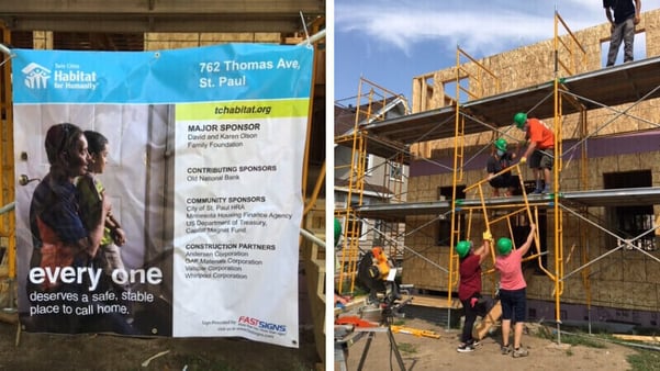  Left: the site sign showing the Olsons as Major Home Sponsors with some of the other groups who helped make the home possible. Right: a snapshot from one of the many volunteer days for Karen and David.