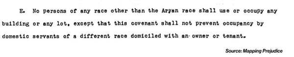An excerpt from a racial covenant, sourced by Mapping Prejudice. The text says "E. No persons of any race other than the Aryan race shall use or occupy any building or any lot, except that this covenant shall not prevent occupancy by domestic servants of a different race domiciled with an owner or tenant."