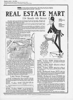 A Real Estate Mart page from the year 1919, including racial covenants in real estate listings.
