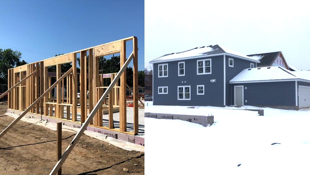 Two pictures. To the left: A single framed wall on the foundations for the house, being held by support beams, back in March 2020. To the right: The finished gray Habitat house in the snow, in 2021.
