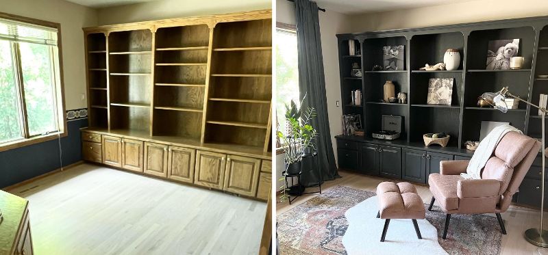 Before and after images of a built-in book case with raw wood and then painted dark gray.