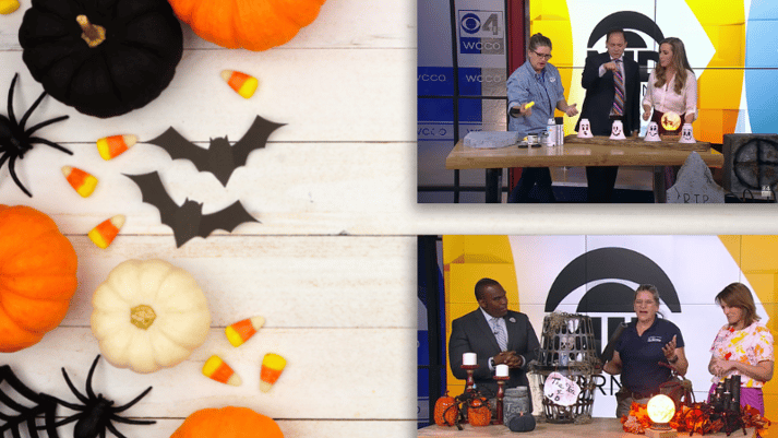 Collage of DIY Friday Halloween video screenshots with pumpkin, bat, and acorn background.