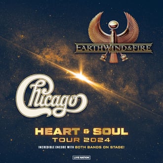 Promotional graphic with Earth, Wind & Fire and Chicago logos.