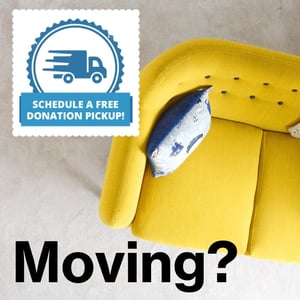 Moving? Schedule a free donation pickup! Picture of a bright yellow couch.