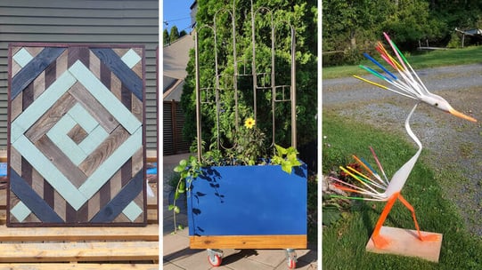 A blue geometric design on wood, a creative vertical planter on wheels, and a colorful bird made out of PVC pipes.