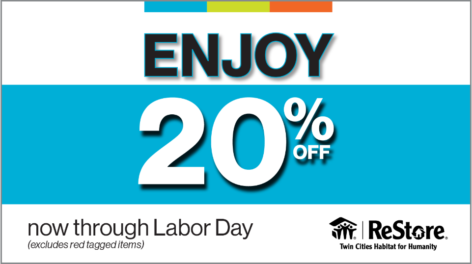 A white sign with a bright blue banner through the middle of it. The text is split between the white space and the banner: In black text at the top "ENJOY", in white shadowed text on the banner "20% OFF", below the banner in black text "now through Labor Day (excludes red tagged items)" with the Restore logo to the right. There's a small bar with blue, green, and orange blocks at the very top of the image.