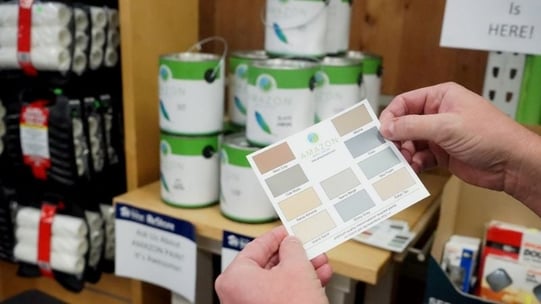 A person holding a color swatch sheet in front an Amazon paint display.
