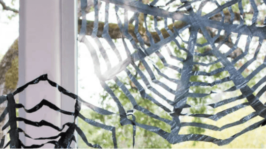 DIY spiderwebs on a window.