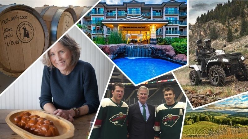 A collage of images: Beer barrels, a woman with a fresh-baked loaf of bread, a hotel with a pond and waterfall, a four-wheeler, two members of the Minnesota Wild with Habitat CEO Chris Coleman, and a field of corn.