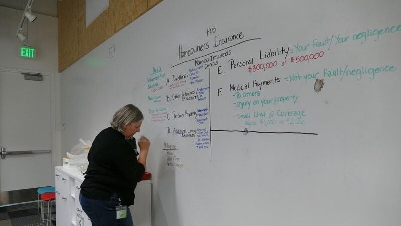 Debbie Campbell writing notes on a whiteboard.