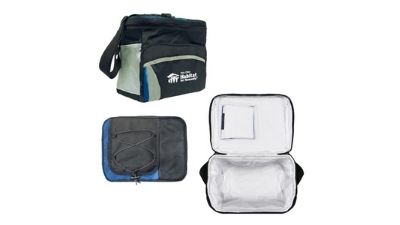 A black, gray and blue Twin Cities Habitat insulated lunchbox.