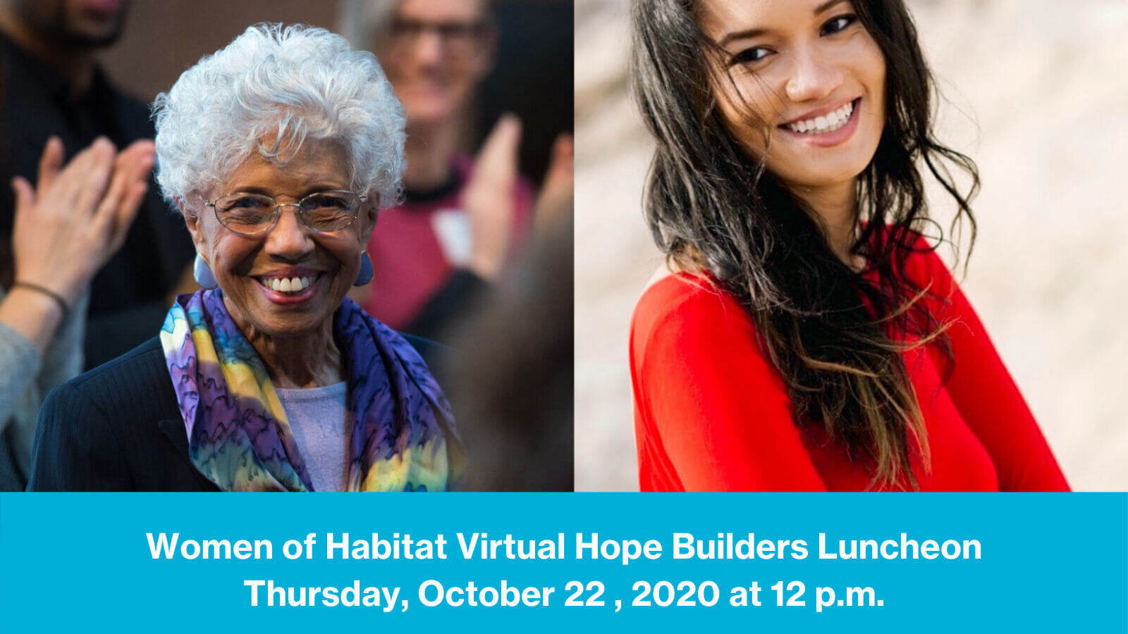 Two pictures. Left: A close-up on Dr. Josie Johnson, in a purple shirt, black pinstripe jacket, and a blue, purple and yellow patterned infinity scarf, smiling in a crowd with her hands clasped. Right: Josie Duffy Rice, in a bright red sweater, smiling with her arms crossed. At the bottom is a light blue bar that includes white text that says 