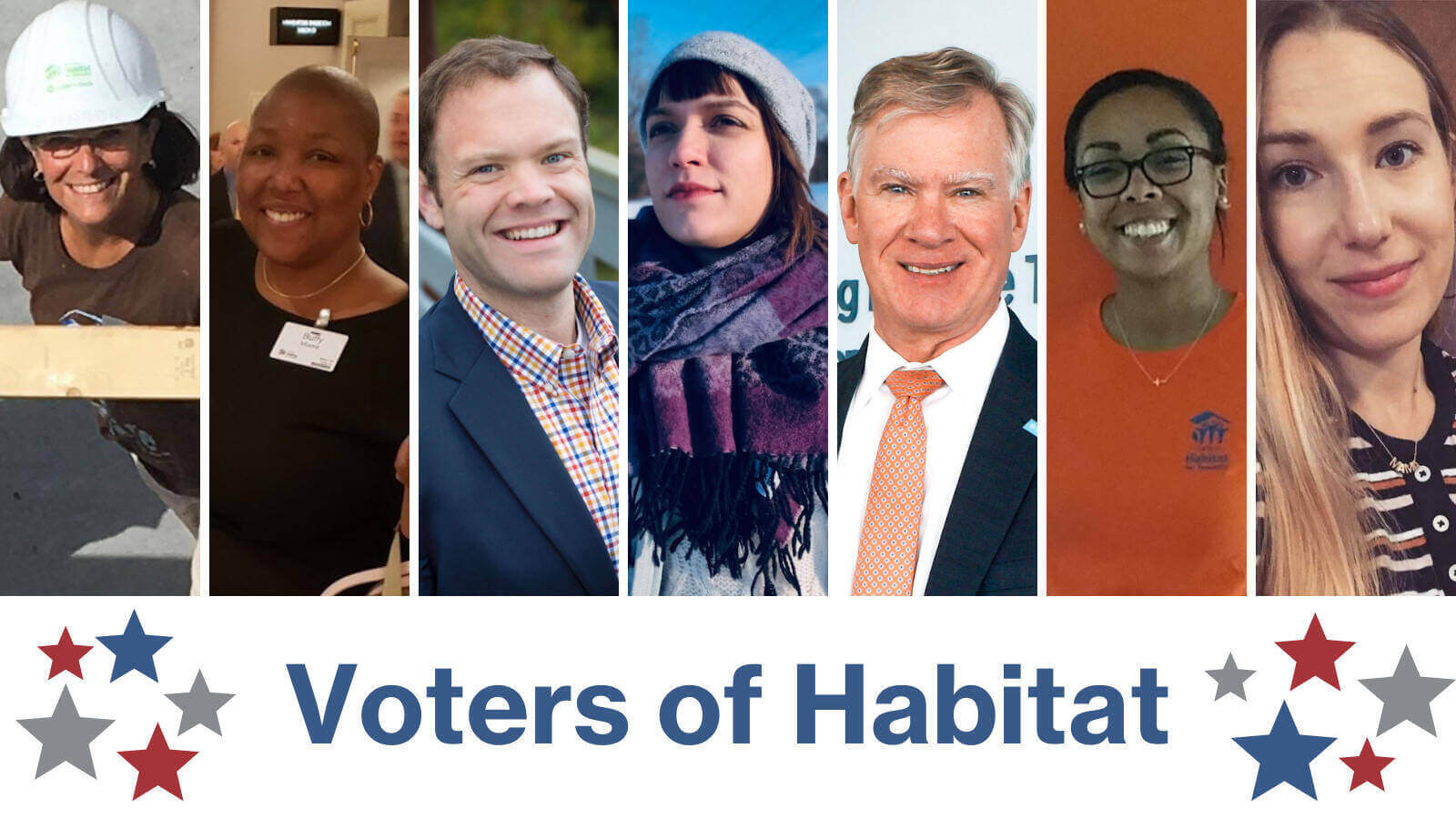 Seven tall and thin images placed horizontally next to each other to form a banner. In each image is a photo of one of the featured voters. From left to right: Sharon Mason, Buffy Moore, Jim Mulrooney, Polina Montes de Oca, Chris Coleman, Mari Ojeda, Adrienne Aarts.