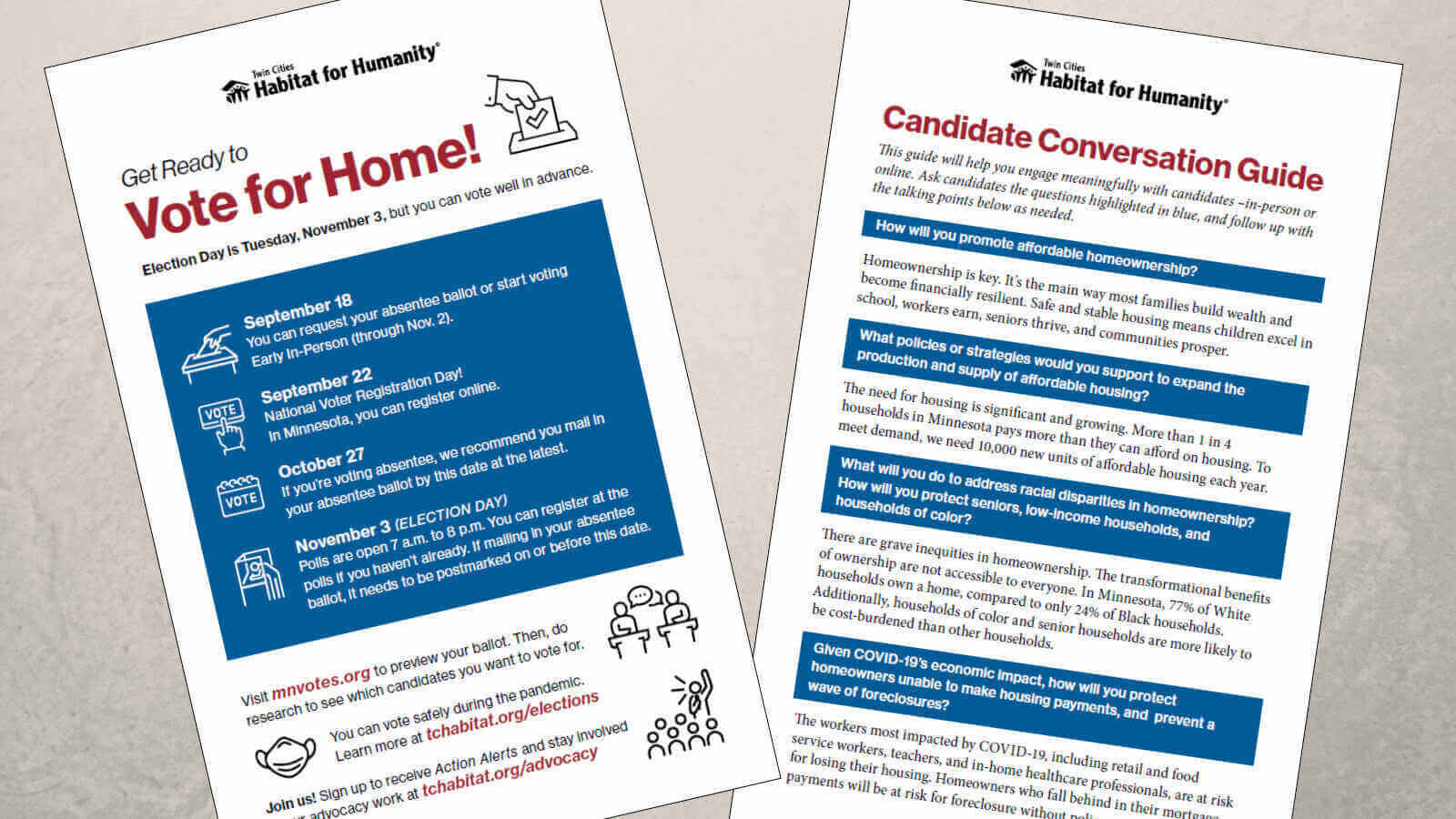 Against a gray background, two angled images that are previews of the Candidate Conversation Guide, text is available in alt text in preview images within the blog post.