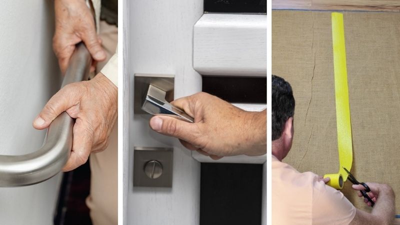 Three images. From left to right: Someone installing a grab bar on a wall, installing a lever-handle doorknob, cutting a piece of yellow tape on the floor.