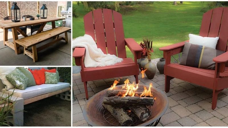 A collage of patio furniture.