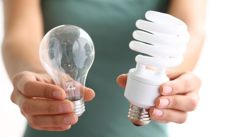 An incandescent and an LED light bulb.