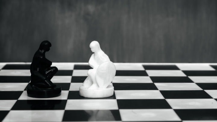 White and black chess pieces on board.