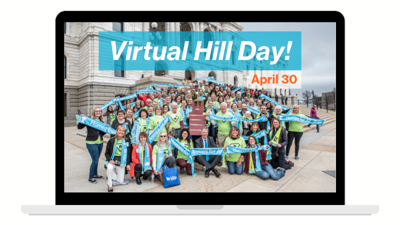 A laptop screen showing Habitat advocates in front of the MN State Capitol