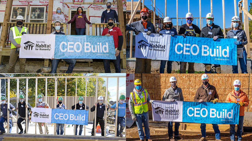 4 different images, each showing multiple people in front of builds in various states of progress, each group holding a sign saying 