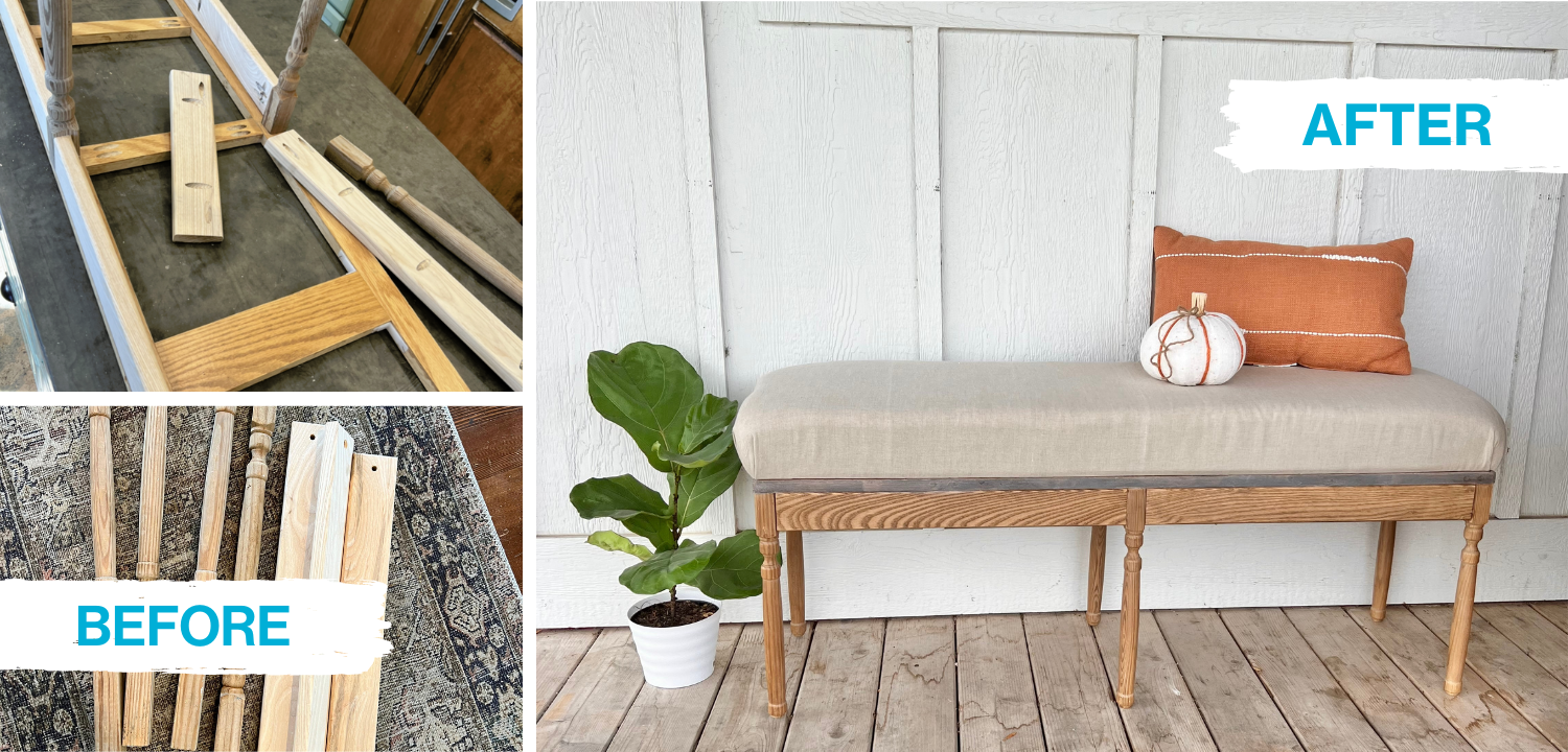 Wooden planks from ReStore transformed into a beautiful bench in a before-and-after photo collage.