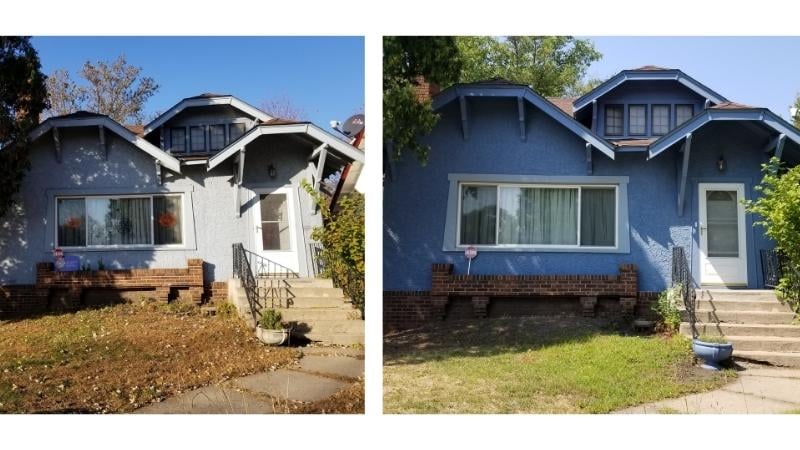 Photos of Cynthia's home, before and after being painted blue.