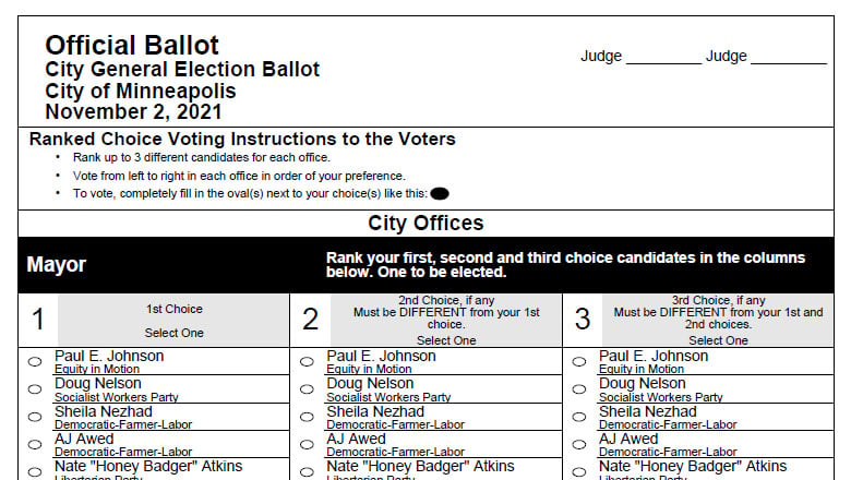 Minneapolis 2021 ballot showing Ranked Choice Voting for Mayor.