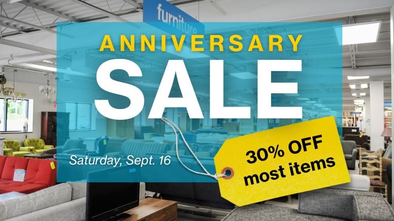 Anniversary Sale Saturday, September 16. 30% off most items!