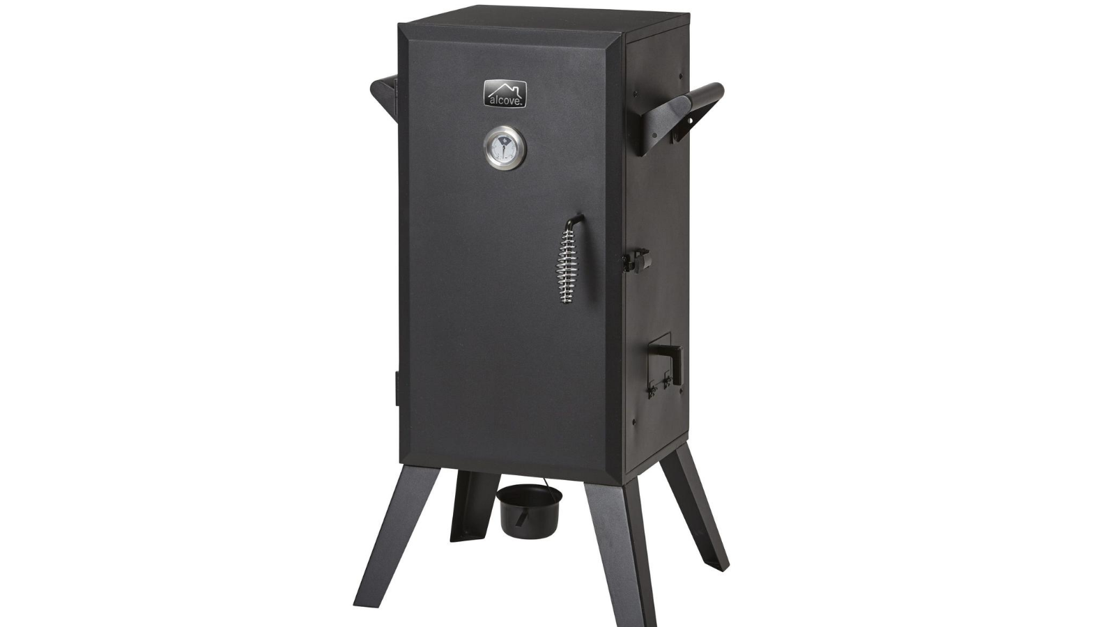 A black analog electric smoker with four legs.