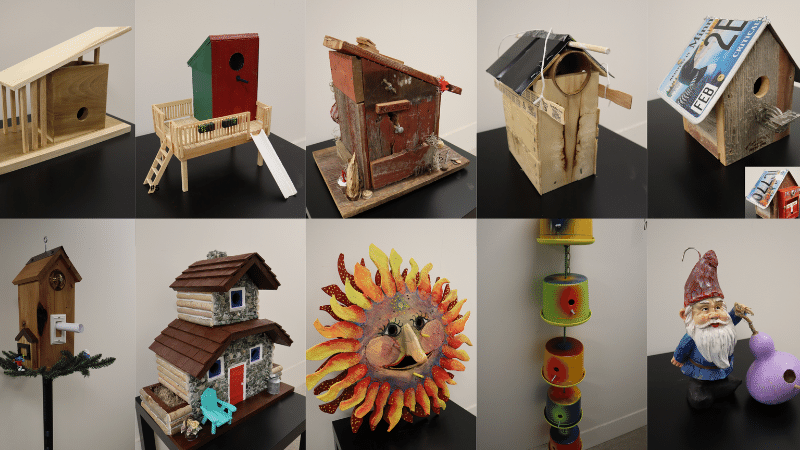 Six upcycled birdhouses.