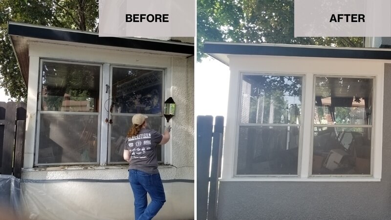 Before and after images of Laurie's house. Before: run-down windows and cracked white paint. After: new gray paint, and fixed windows and window sills.