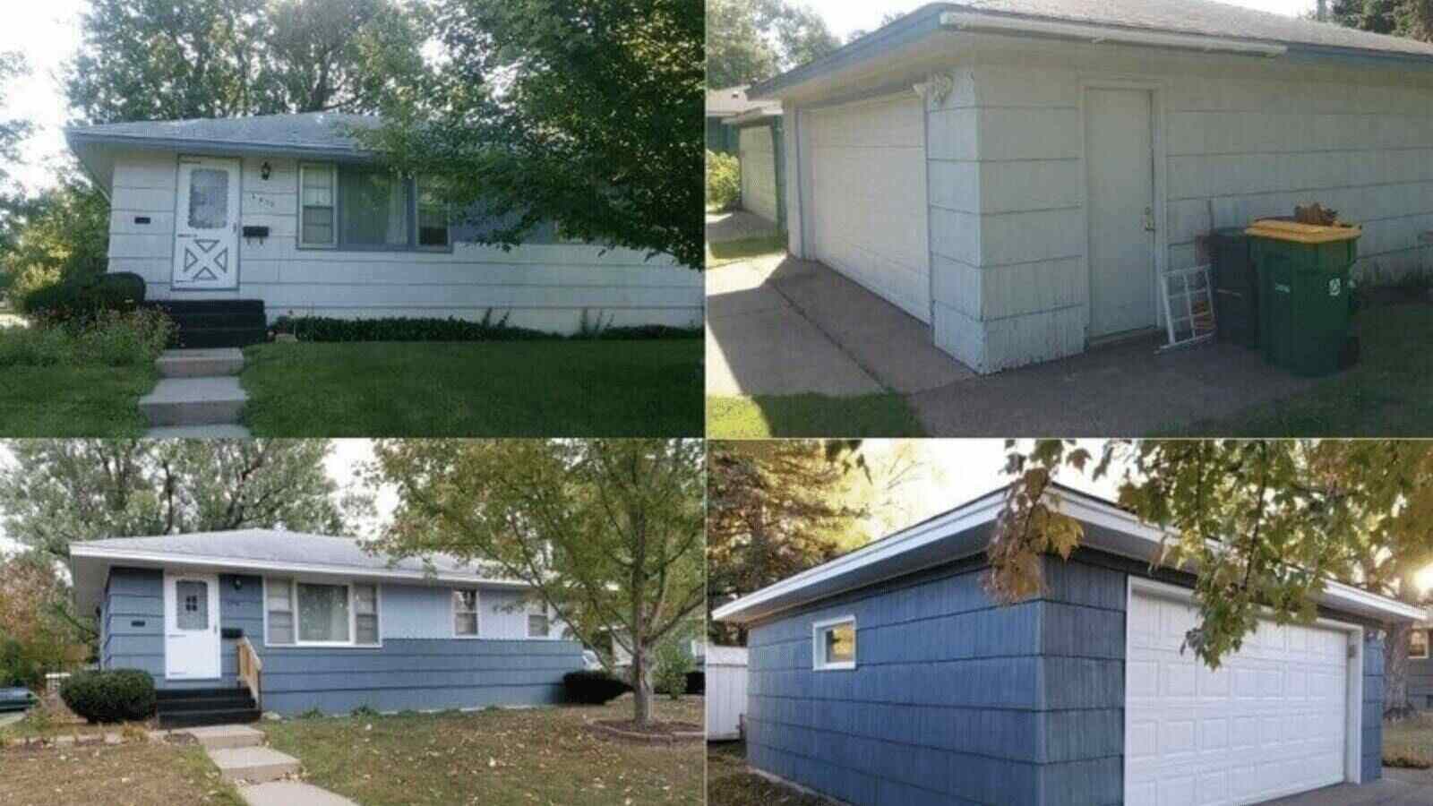 Four images - the top two are the front of the house and garage before painting - old white paint and trim, that's peeling. Bottom two images are after painting - the house and garage are now blue with white trim, with new stair railings by the steps up to the house.