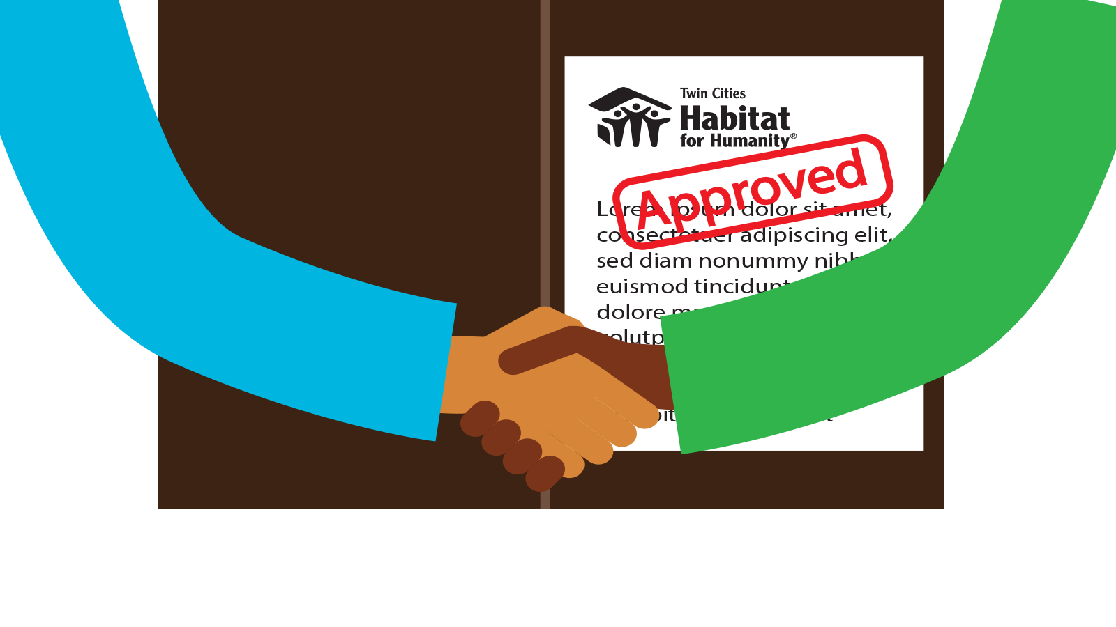 Two individuals shaking hands next to an approved Habitat document.